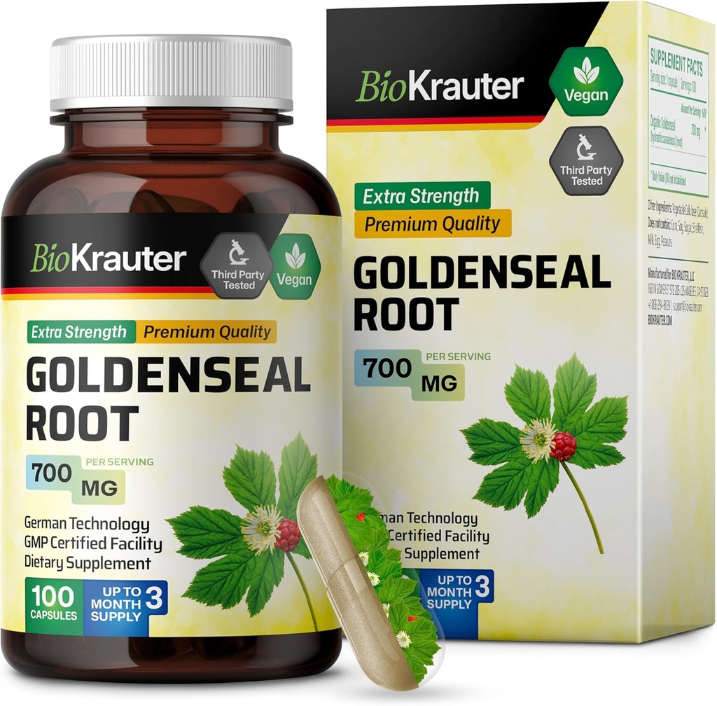 BIO KRAUTER Goldenseal Root Capsule 700 mg - 100 Golden Seal pulver Caps - pustende og digestiv støtte - Vegan, ingen fyllstoffer
