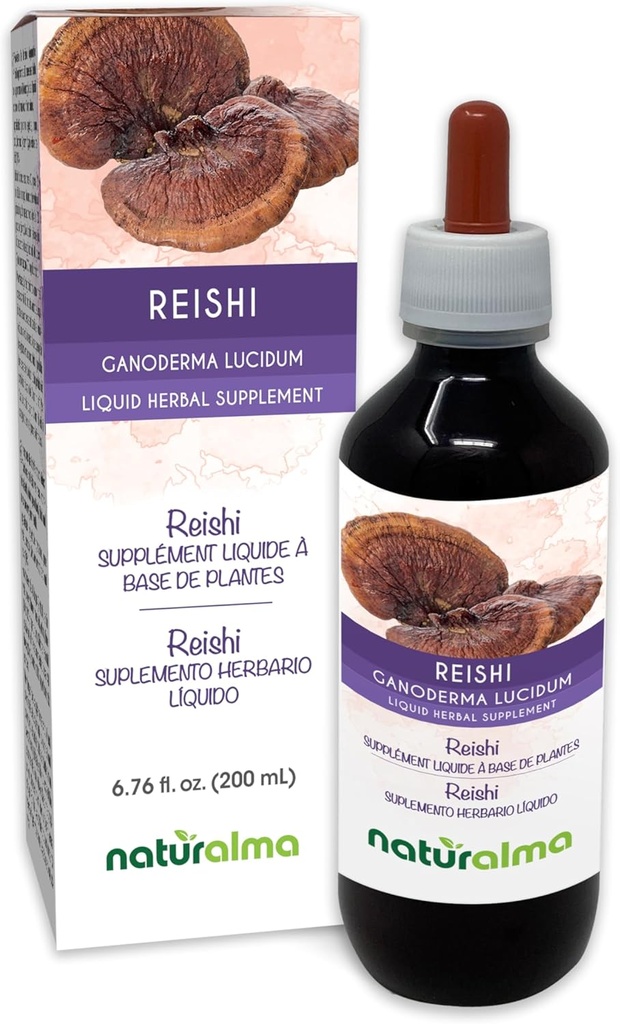 Naturalma Reishi (Ganoderma lucidum) Fungo o alcool senza funghi Tintura - 6.76 fl oz Estratto liquido in gocce - Supplemento di erbe - Vegan