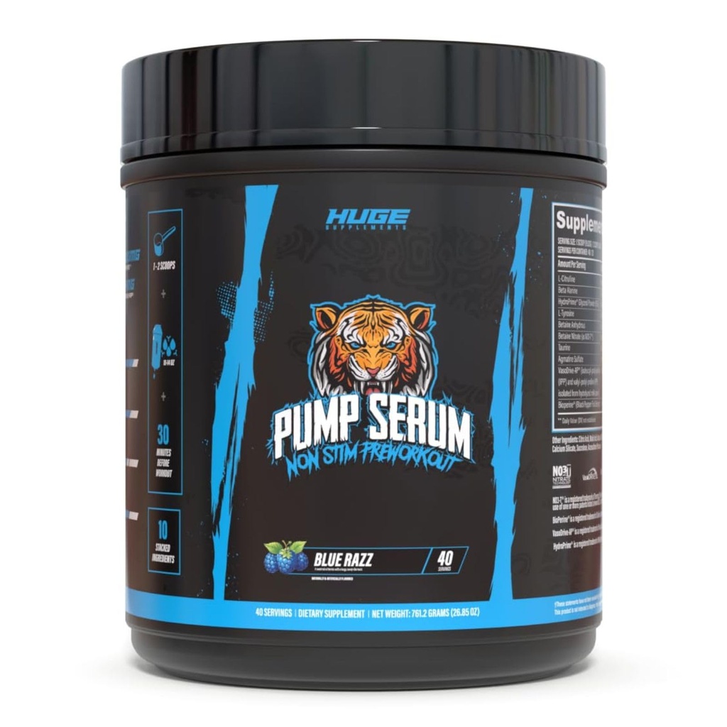 Pump Serum Non-Stim Pre-Workout For Pumps, Performance, Vascularity & Fullness - Most Stacked Stim-Free Pre Workout with No Caffeine, L-Citrulline, HydroPrime, L-Tyrosine (Blue Razz)