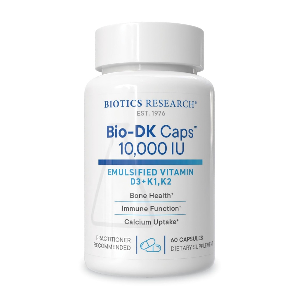 BIOTICS RESEARCH Bio-DK Caps™ — 10,000 IU Emulsified Vitamin D3 with K1, K2 (MK-7 + MK-4), 200%+ Bioavailability, Lymphatic Absorption, Supports Bone & Heart Health, 90 Capsules