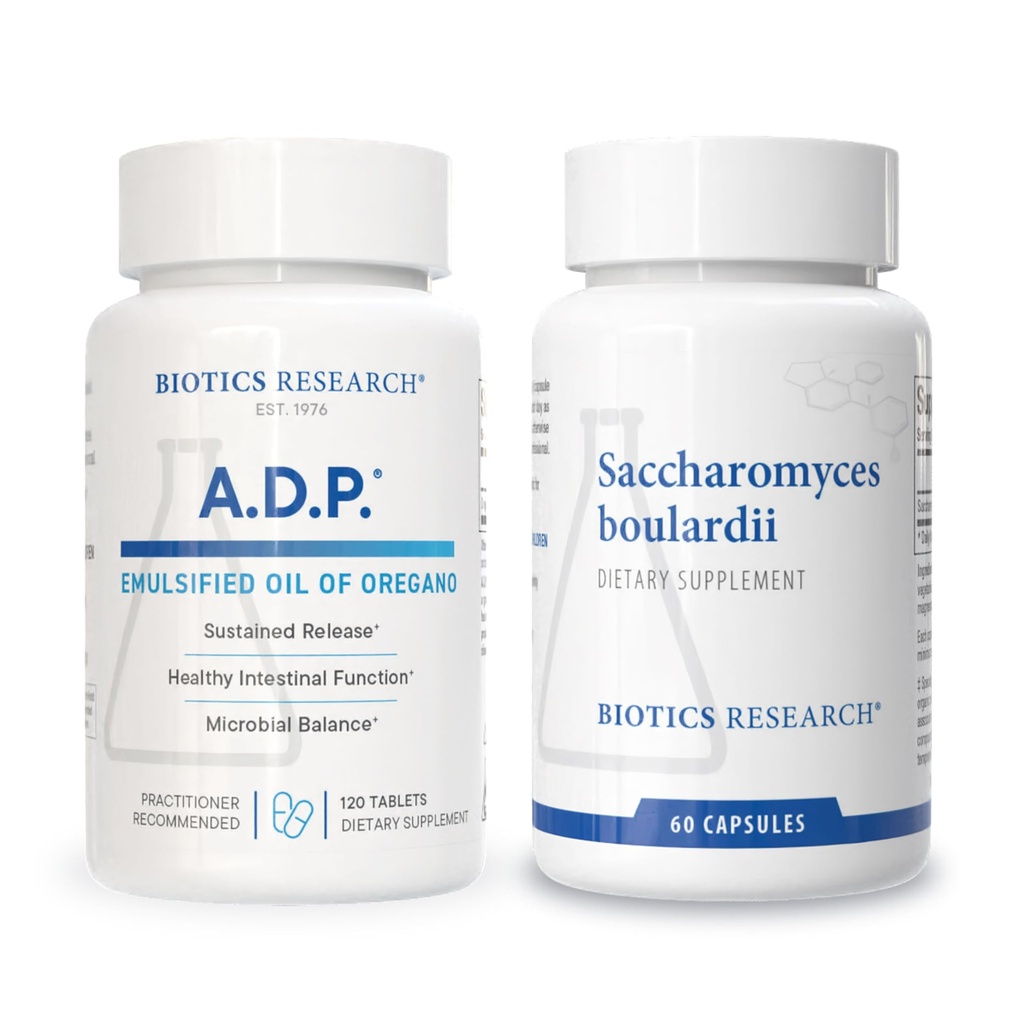 Biotics Research A.D.P. Oil of Oregano for GI Cleansing & Antioxidant Support + Saccharomyces boulardii Probiotic for Microbial Balance & Immune Health – 120 tabs & 60 caps