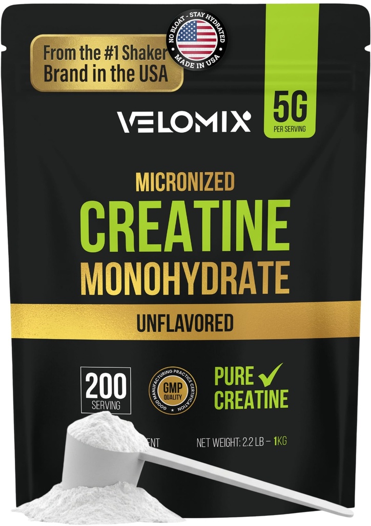 VELOMIX Micronized Creatine Monohydrate Powder - 100% Pure Creatine Powder Unflavored and Easy to Mix | Supports Muscle Growth, Recovery, and Strength | 5000mg Per Serv (5g) - 200 Servings