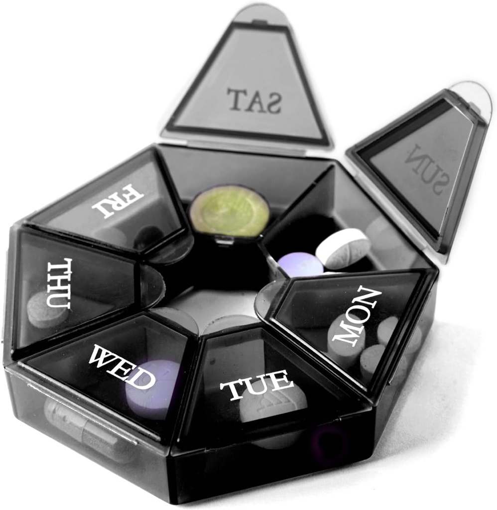 Deke Home - Small Weekly Pill Organizer, Round Pill Dispenser untuk Perjalanan, Mini Pill Organizer, Compact Medicine Holder, Pil Slater 7 Days, Portable Vitamin Container, BPA Free (Tingkat Makanan)