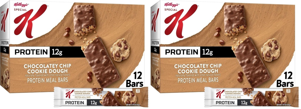 Special K Bar Protein Meal Bars, 12g Protein Snacks, Meal Replacement, Chocolatey Chip Cookie Dough, 19oz Box (12 Count) (Pack of 2)