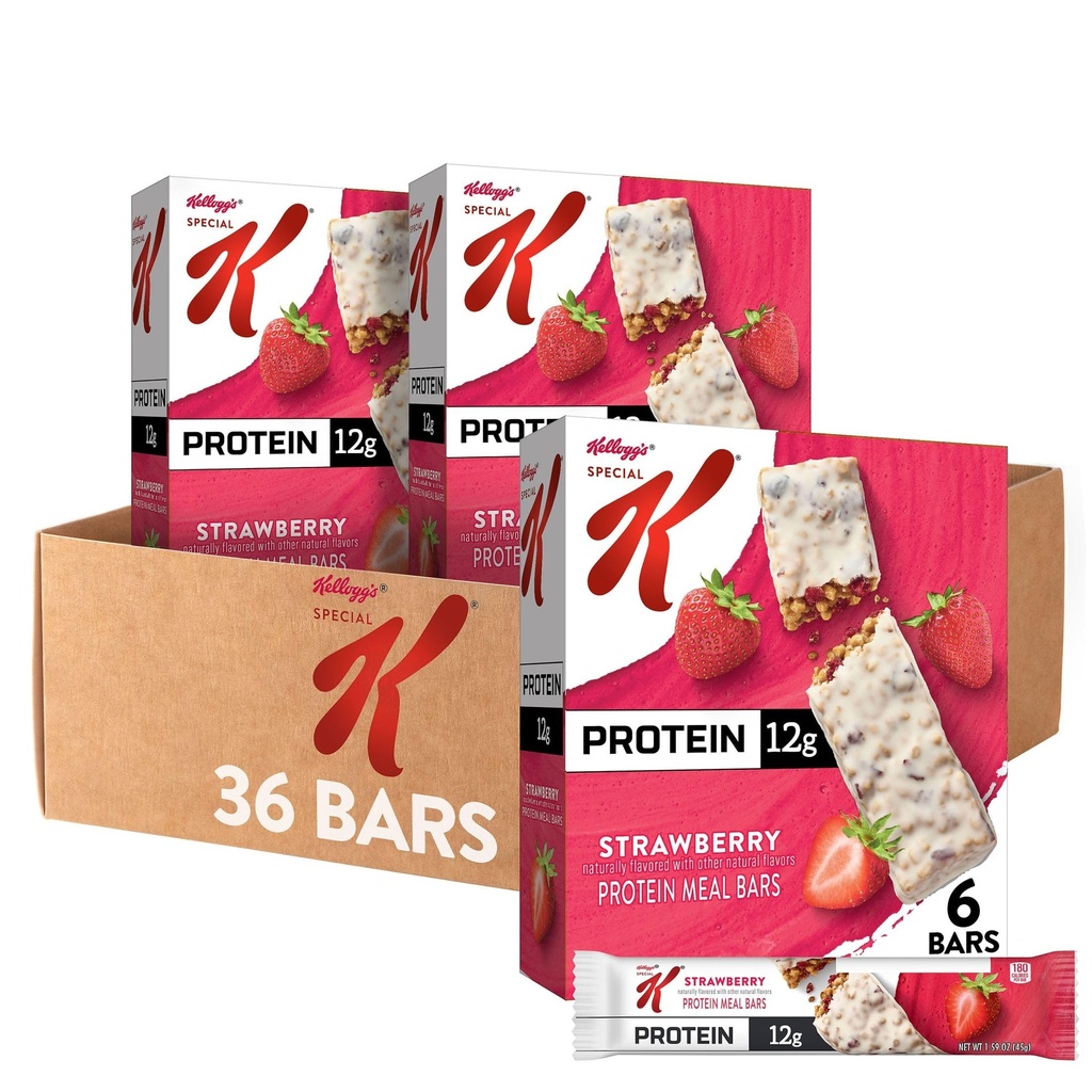 Special K Bar Protein Meal Bars, 12g of Protein, Good Source of Fiber, Strawberry (6 Boxes, 36 Count)