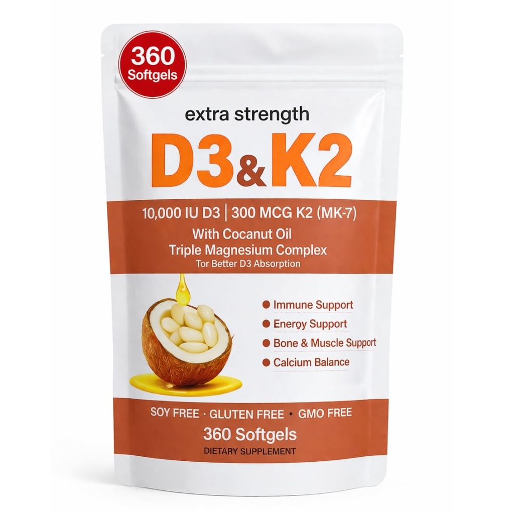 Vitamin D3 K2 Magnesium Complex Softgels with Coconut Oil, D3 + K2 (MK-7) & Triple Magnesium, Daily Bone and Muscle Support, Easy to Swallow, Non-GMO, 360 Softgels
