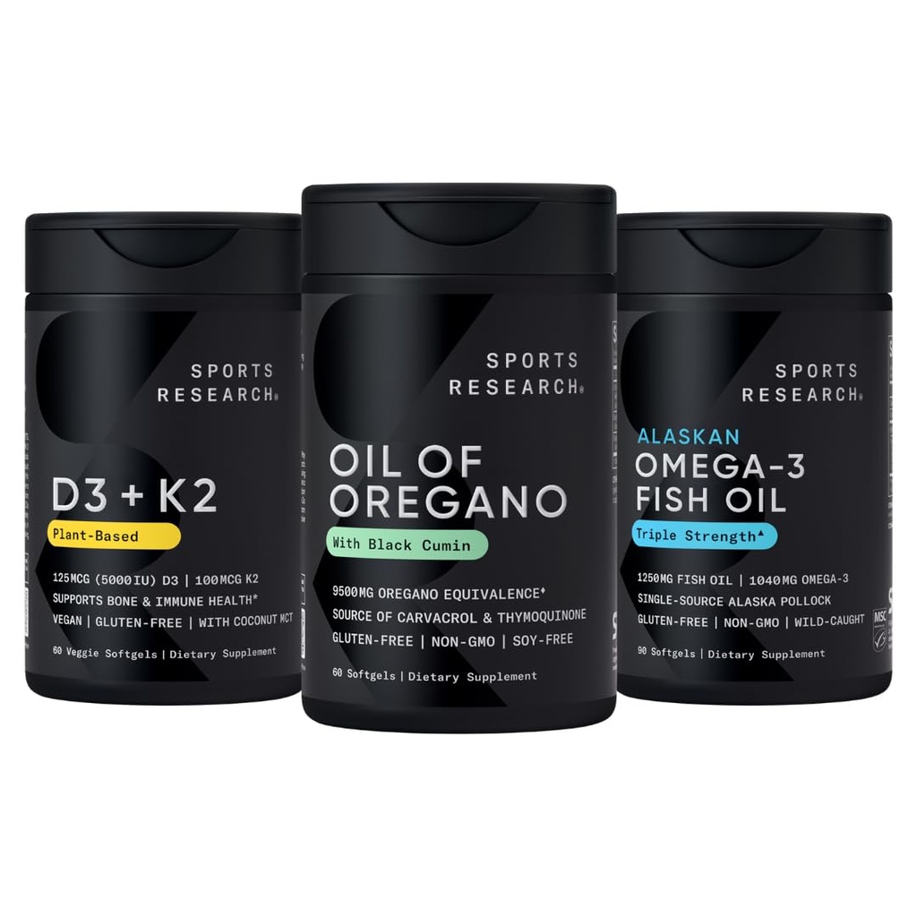 Sports Research® Multivitamin Pack - Oil of Oregano 9500mg w/Black Seed Oil, Vitamin D3 5000iu + K2 100mcg, and Alaskan Omega-3 Fish Oil 1250mg