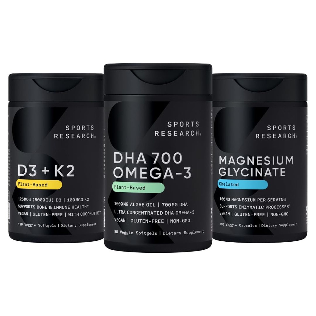 Sports Research® Vegan Supplements Pack - Vegan DHA 700mg Omega-3 + Vitamin D3 K2 5000iu + Magnesium Glycinate