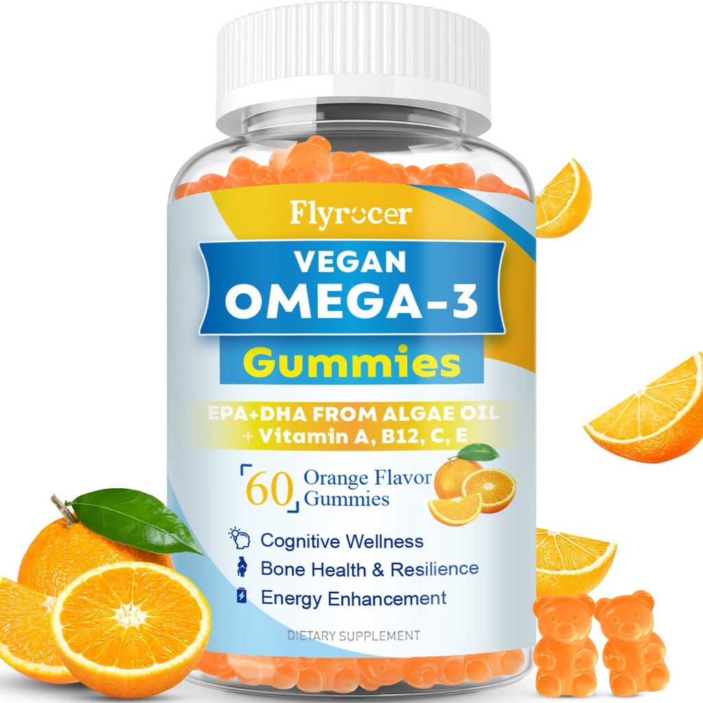 Vegan Omega 3 Gummies - Algal Oil Omega 3 Supplement with DHA, EPA & 10 Essential Vitamins, Fish Oil Alternative - Support Brain, Eye & Immunity for Adults, Orange Flavor, 60 Count