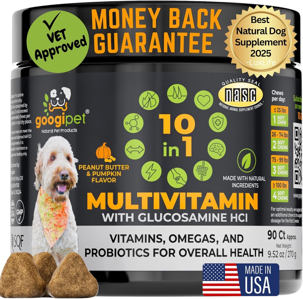 Googipet Premium 10 en 1 Dog Vitamins Multivitamina Chewable con Probióticos para a saúde Gut, vitaminas do can e suplementos w/Vitamin C & glucosamina para o apoio conxunto ( manteiga de cacahuete e Pumpkin Flavor)