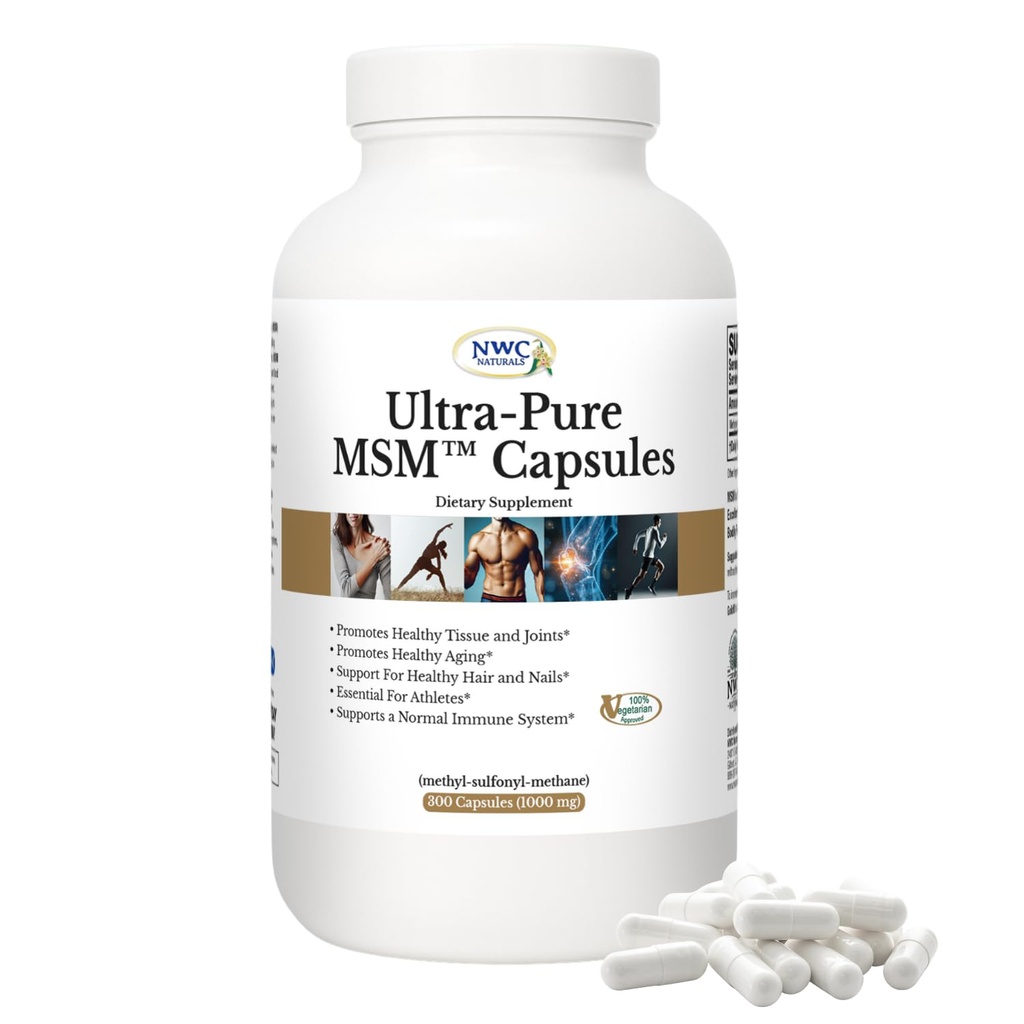 NWC Naturals Ultra-Pure MSM Capsules, 300ct Bottle, 1000mg Pure MSM for Joint Support