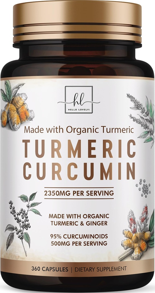 Turmeric Curcumin Supplement with 95% Curcuminoids, Organic Turmeric & Ginger 1750mg, BioPerine Black Pepper for Best Absorption, Nature's Vegan Joint Support, Non-GMO, Bottled in USA - 360 Capsules