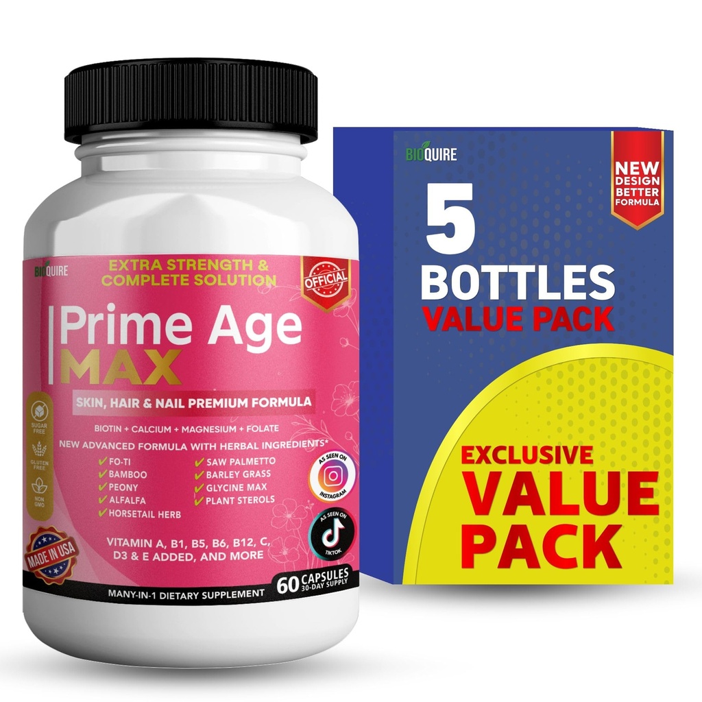 Prime Age Max Hair Skin Nails Supplement, 60 Capsules, Biotin, Vitamins A B C D E, Herbal Blend, 30 Day Supply (5)