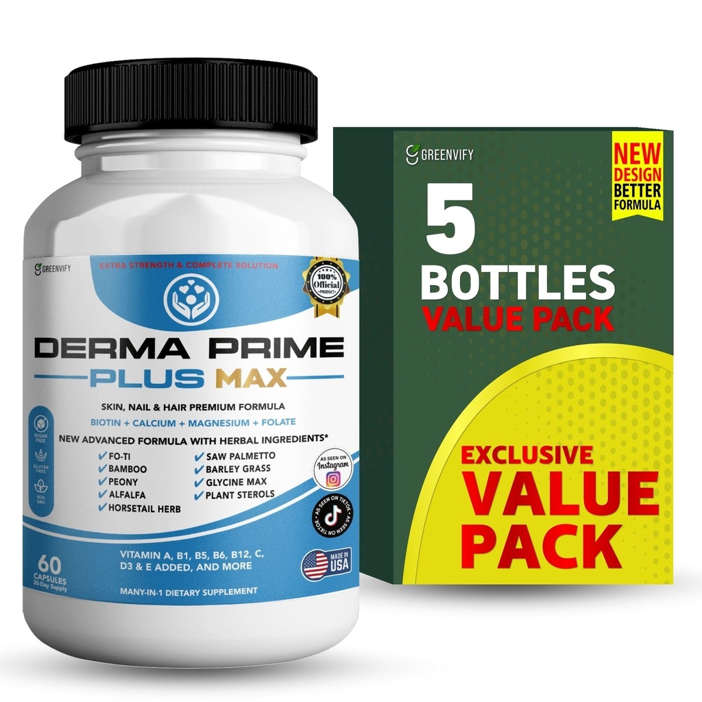 Derma Prime Plus Max Hair Skin Nail Supplement, 60 Capsules, with Biotin 5000mcg, Vitamins, Minerals, Herbal Blend (5)
