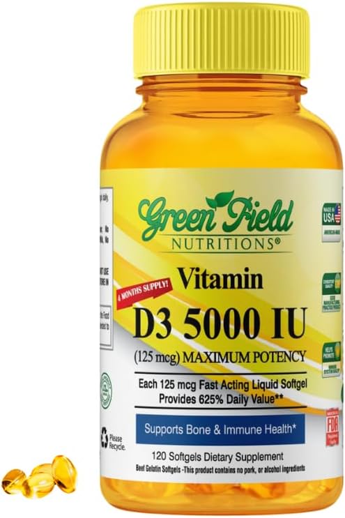Greenfield Nutritions Halal Vitamin D - Halal Vitamin D3 5000 IU Softgel (125 мкг), High Potency 120 Unflavored Softgels - Beef Gelatin D3 Halal Vitamins, Supports Immune Bone Teath Brain and Hair