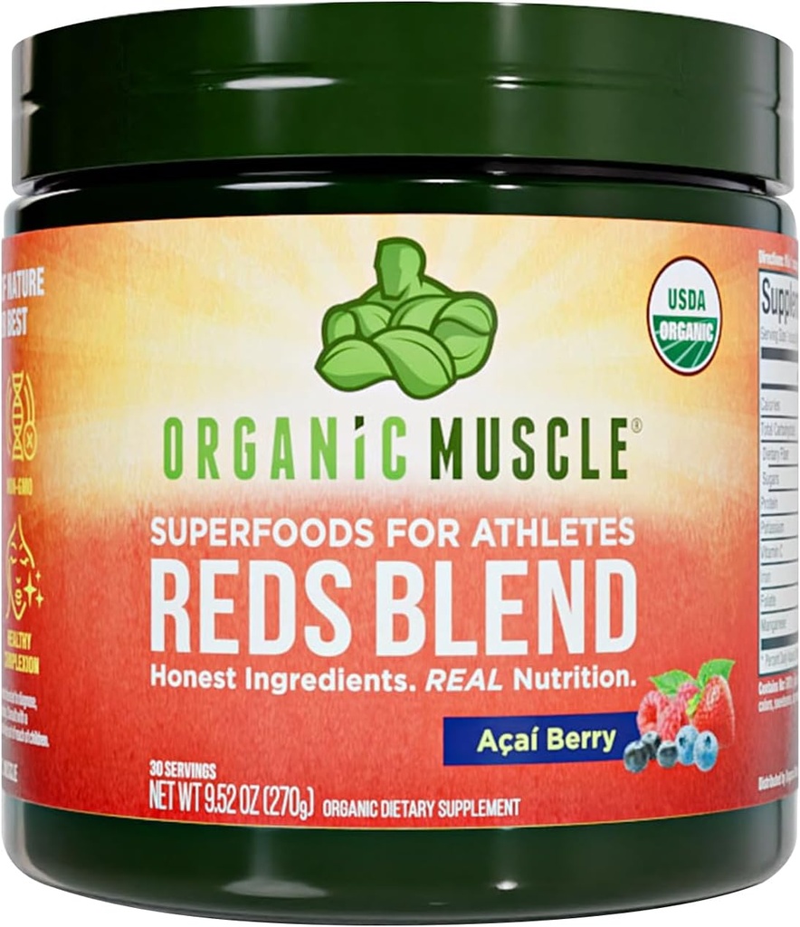 Organické Muscle Reds Powder 124; Caffeine- Free Energy & Heart Support OF 124; Předcvičení s řepou kořenovou, Acai, Granátová a antioxidanty OF 124; Non- GMO, Vegan, 30 Služeb