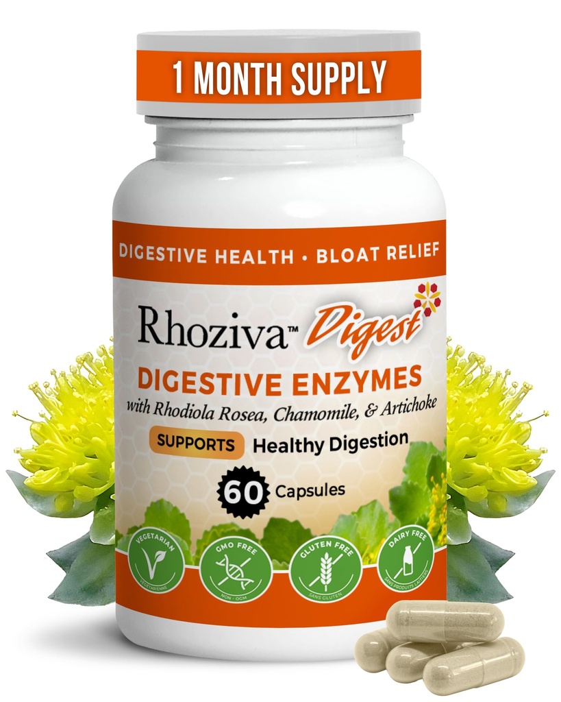 Rhoziva Digest Gut Health Supplement with Digestive Enzymes for Men & Women - Probiotics & Prebiotics for Gut Health Supplement - Daily Synbiotic Gut Vitamins for Men & Women - 60 Capsules