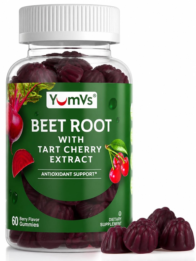 YUM-V'S Beet Root Gummies with Tart Cherry Extract - Berry Flavor Beetroot Gummies - Beet Chews for Blood Circulation and Antioxidant Support - Red Beets Gummies (Berry 60 Count (Pack of 1)