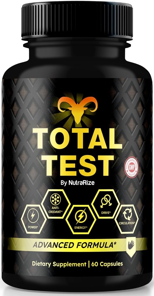 NutraRize Total Test Pills, All Natural Supplement to Achieve Peak Fitness Level, Premium Capsules to Support Muscle Gain, Energy and Overall Wellness, Official TotalTest Reviews (60 Capsules)
