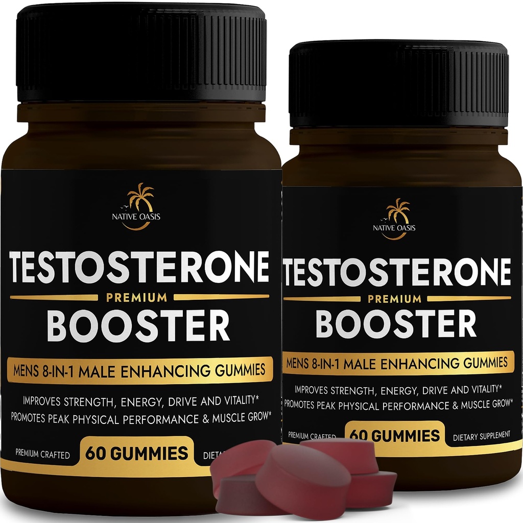 (2 Bottles) Testosterone Booster Gummies | Superior 8-in-1 Complex | Maca, Ashwagandha, L-Arginine, Tribulus & More | Male Enhancement Test Booster for Men | Energy and Performance Enhancer | 120ct.