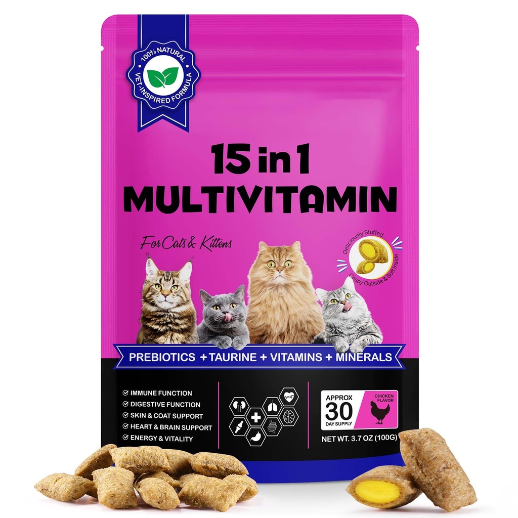Cat Multivitamin Crunchy & Creamy Chews, Cat Treats Support for Immune, Joint, Skin & Coat, Digestion, Heart & Eyes, Cats Vitamins Supplements with Taurine for Cats Kittens - Chicken Flavor