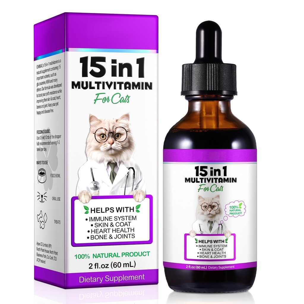 ZODENIS Cat Multivitamin 60ml,15 in 1 Cat Vitamins Liquid Drops Supplements for Heart Health, Bones, Joint, Skin & Coat, Bladder, Immune System Support