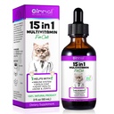 Cat Multivitamin, 15 in 1 Cat Multivitamin Liquid Drops, Cats Vitamins and Supplements with Glucosamine and Probiotics, Bones, Joint, Skin & Coat, Bladder, Immune System Support, 60ML