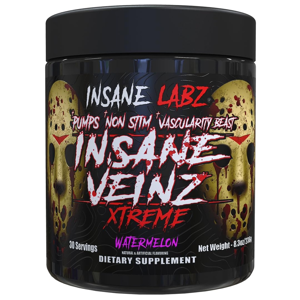 Insane Labz Insane Veinz Xtreme Non Stimulant NO Enhancing Powder, Nitric Oxide Booster, Loaded with L-Citrulline, Agmatine Sulfate and L-Arginine AKG, Increase Vascularity (30, Watemelon)