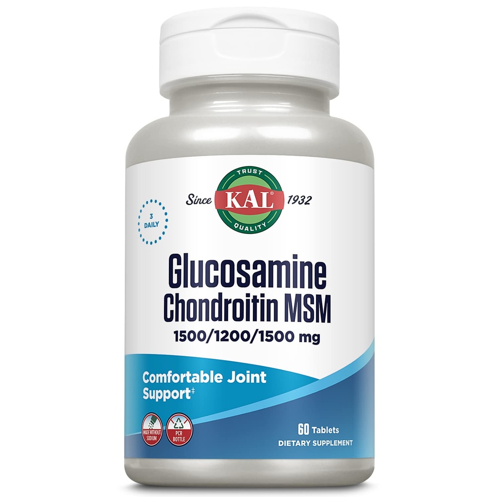 KAL Glucosamine Chondroitin MSM, Joint Support Supplement for Women and Men, 1500mg Glucosamine Sulfate, 1200mg Chondroitin, 1500mg MSM, Rapid Disintegration, 60-Day Guarantee, 20 Servings, 60 Tablets