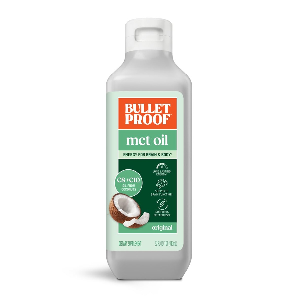 Bulletproof C8 & C10 MCT Oil, 100% Pure Coconut Oil, Triple-Distilled for Sustained Keto Energy, Unflavored, No Additives or Fillers, Non-GMO, 32 oz