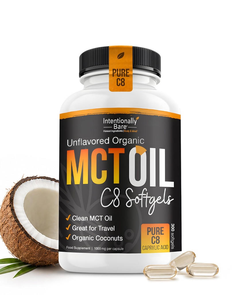 Intentionally Bare Organic Pure C8 MCT Oil Capsules – 99.2% C8, .8% C10 MCT Oil Pills–Sustained Energy, Mood & Focus – from 100% Pure Organic Coconuts - Easy to Swallow and Travel - 300 Soft Gels