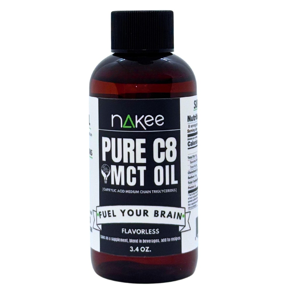 Nakee Butter C8 MCT Oil – Liquid Keto MCT Oil from 100% Coconut for Brain Fuel & Daily Mental Focus, 3.4 oz.
