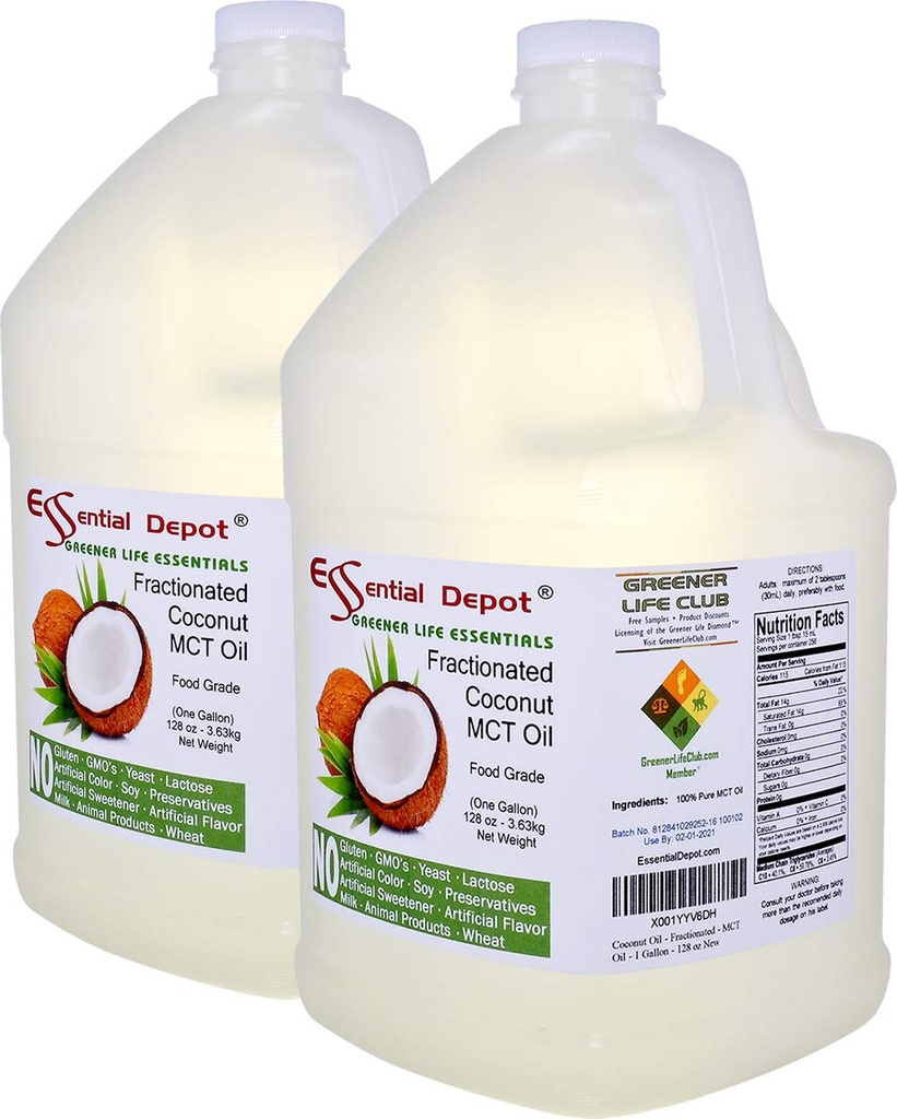 Coconut Oil - Fractionated - MCT (medium-chain triglycerides) - 2 x 1-Gallon (256 oz) - liquid - Food Grade - Safety Sealed Resealable HDPE Container, Microwave Safe (remove foil seal), Freezer Safe