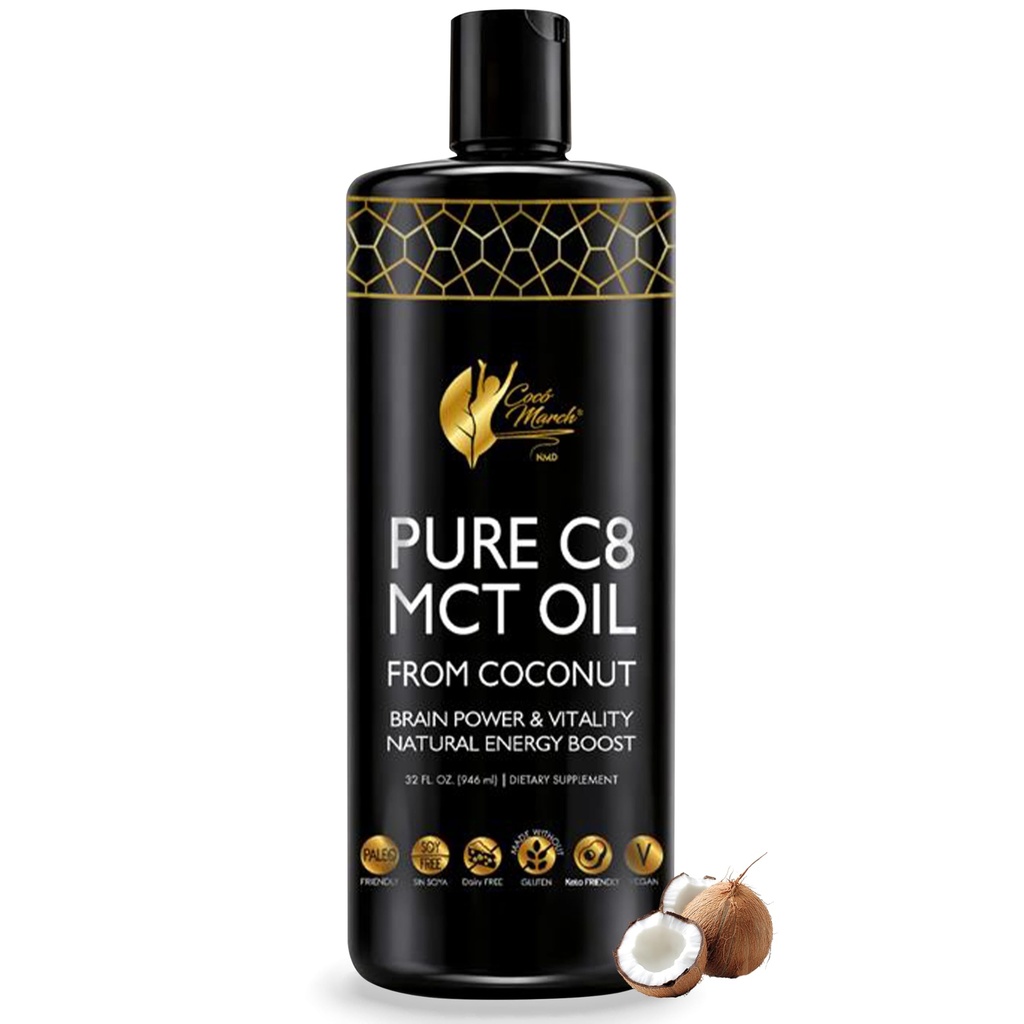 Cocó March N.M.D. Pure C8 MCT Oil from Coconut for Energy, Metabolism & Brain Support, Keto & Fasting Friendly, Gluten-Free, Vegan & Unflavored - Perfect in Coffee, Tea & Smoothies, 32 fl oz