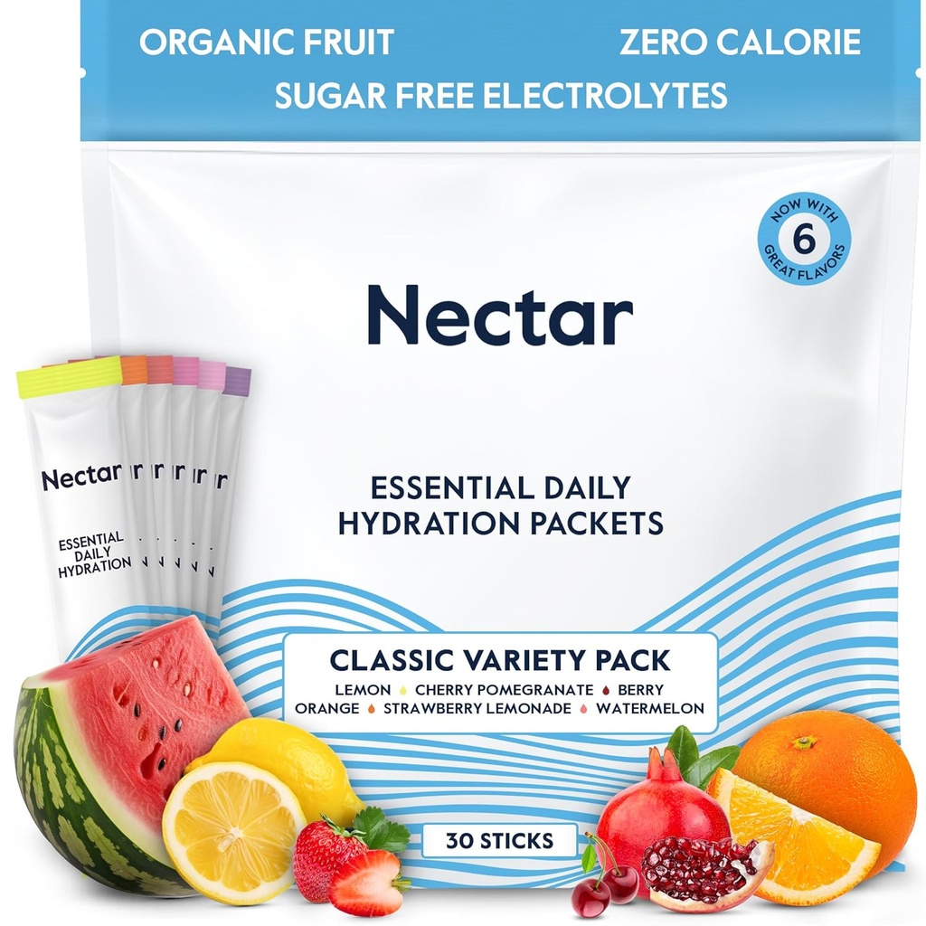 Nectar Hydration Packets - Electrolytes Powder Packets - Sugar Free & 0 Calorie - Organic Fruit Vedel Daily IV elektrolüütide pulber dehüdratsiooni leevendamiseks ja rehüdreerimiseks (Variety 30 Pack)