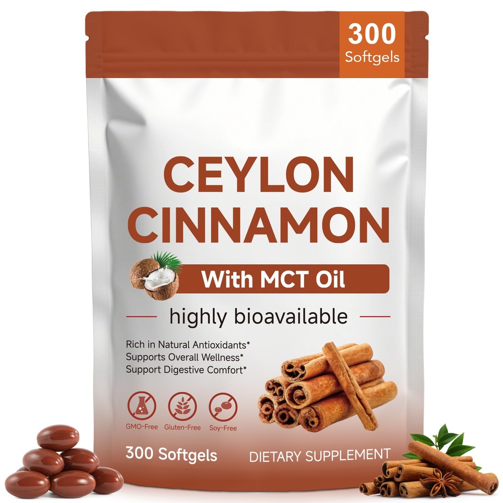 Ceylon Cinnamon Softgels with MCT Oil – 300 Softgels | Easy Absorption, Supports Digestive Comfort & Overall Wellness, Non-GMO, Gluten Free, Soy Free