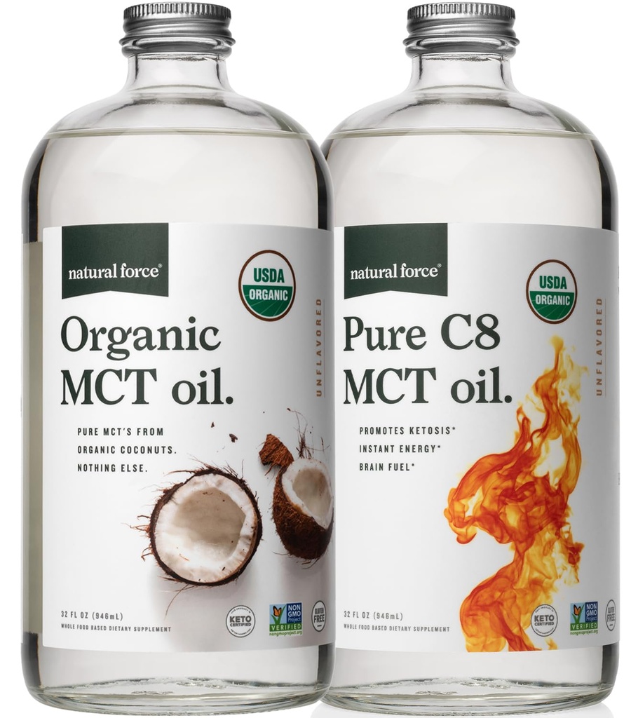 Natural Force Organic Pure C8 + Organic MCT Oil Bundle – USDA Organic, Non GMO, 100% Pure Coconut MCTs – Keto, Paleo, Vegan, and Kosher - 2X 32 Ounce Glass Bottles