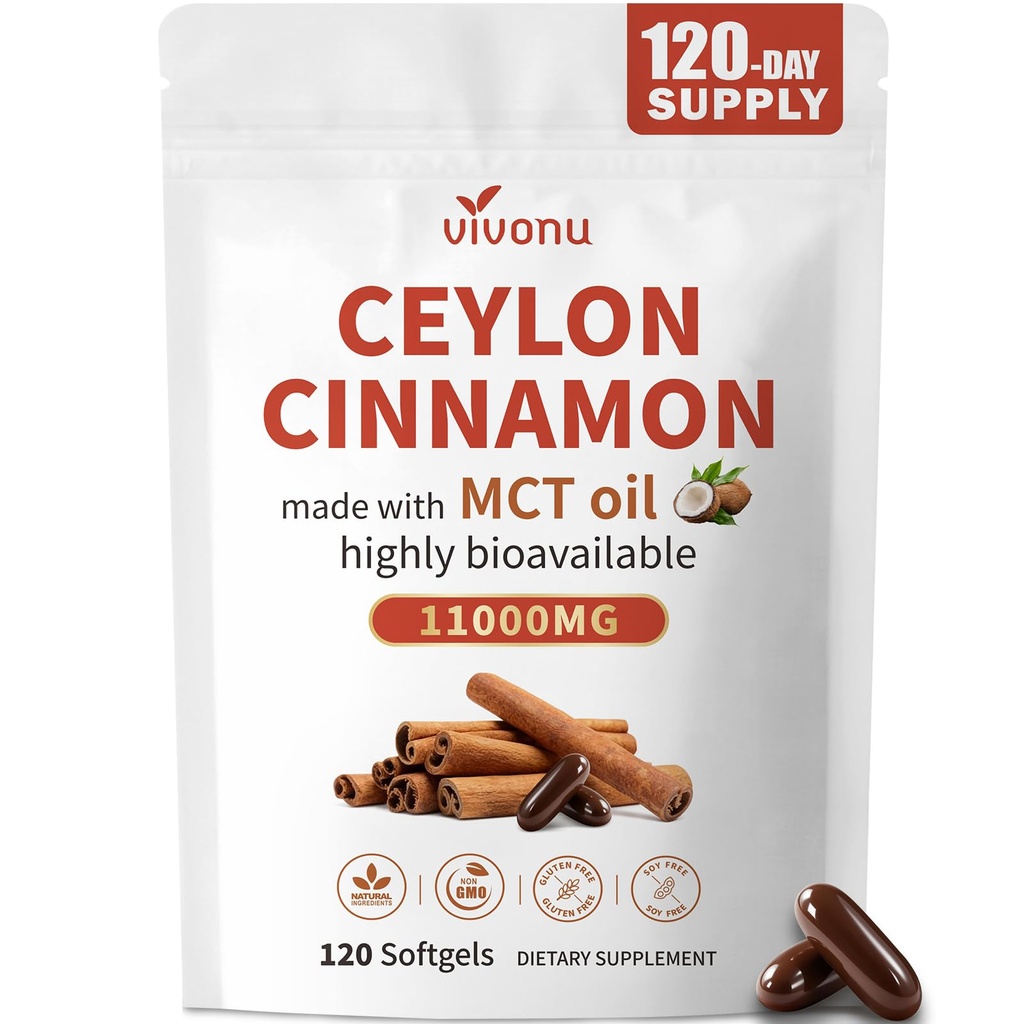 2-in-1 Organic Ceylon Cinnamon with MCT Oil Supplements Softgels, 120 Day Supply, Liposome Highly Bioavailable Extract, Energy & Metabolism Support, Non-GMO, Gluten Free, 120 Large Granule Softgels