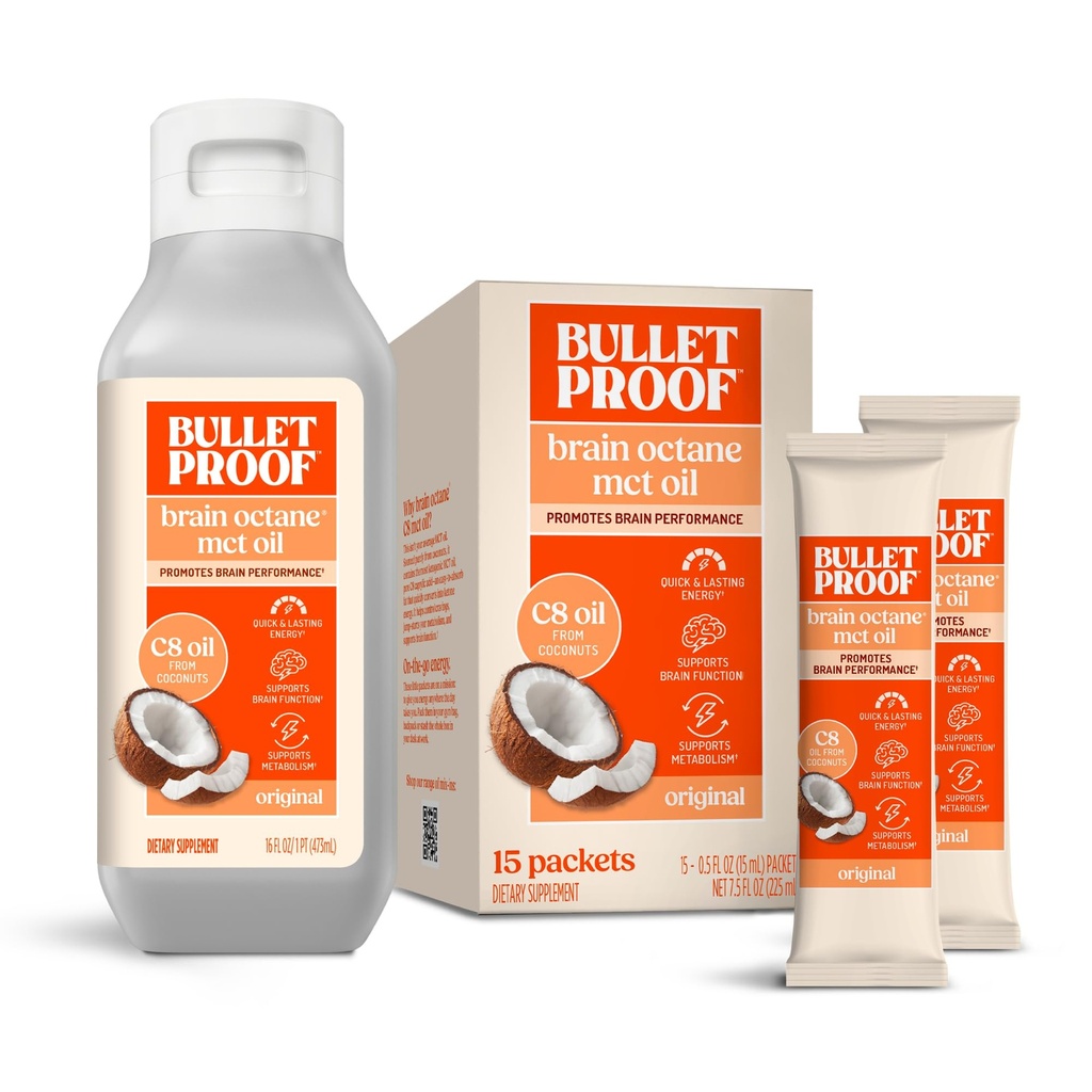 Bulletproof Brain Octane C8 MCT Oil and Brain Octane C8 MCT Oil Packets Bundle, Pack of 15, Keto Supplement for Sustained Energy and Craving Support