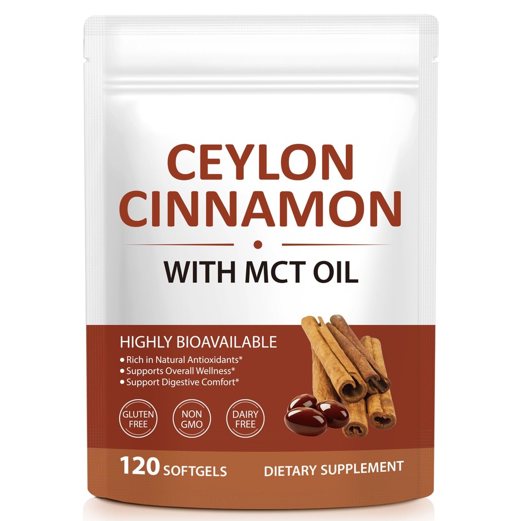 Ceylon Cinnamon Capsules with MCT Oil, High Absorption Formula, Antioxidant Support, Digestive Health Supplement, Cinnamon Supplements for Women & Men, 120 Softgels