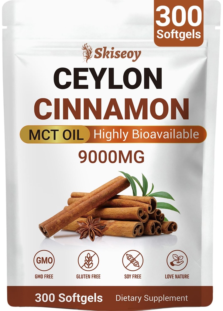 Premium Ceylon Cinnamon Softgels with MCT Oil, Energy & Metabolism Support, Antioxidant Boost, Highly Bioavailable Herbal Extract, Non-GMO & Gluten-Free, Vegan Friendly, 300 Softgels