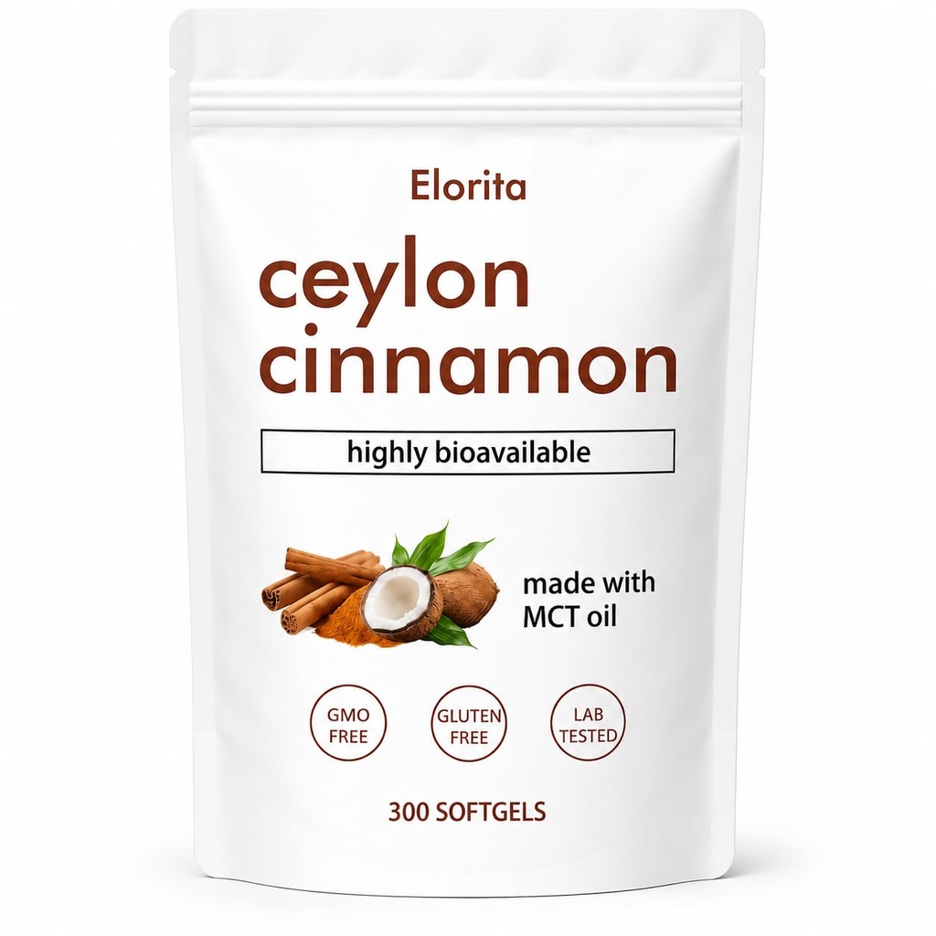Elorita Ceylon Cinnamon Softgels with MCT Oil (300 Count) — Premium Ceylon Cinnamon Capsules, Superior Bioavailability, Ultra-Low Coumarin, Gluten & Soy-Free | Natural Energy & Blood Sugar Support