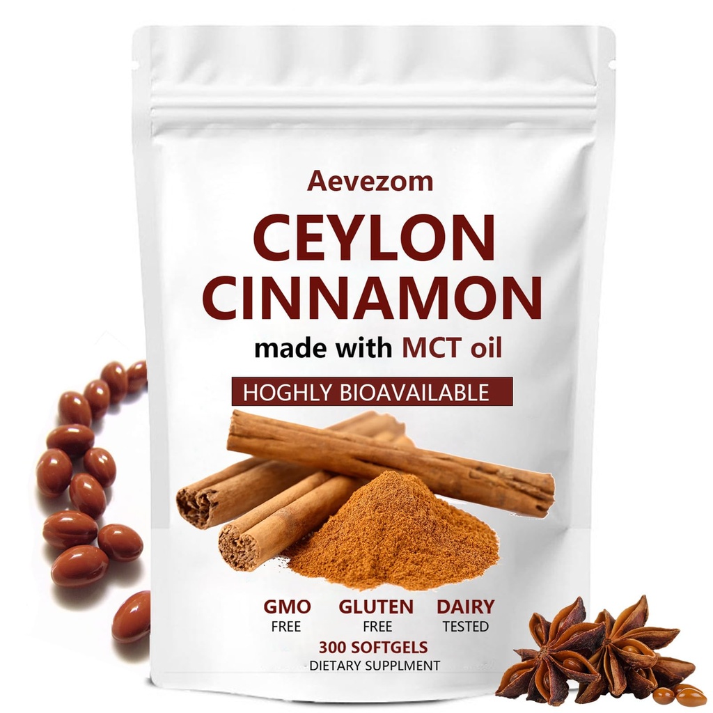 Ceylon Cinnamon Capsules, Ceylon Cinnamon 𝟳𝟮𝟬𝟬𝙢𝙜 Equivalent with MCT Oil, Highly Bioavailable Herbal Extract | Non-GMO, Gluten Free, 300 Softgel（1）