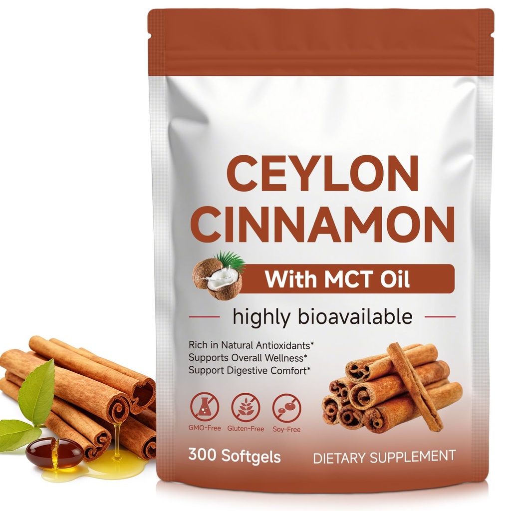 Ceylon Cinnamon Softgels with MCT Oil, 300 Softgels Cinnamomum Verum Bark Extract Capsules True Ceylon Cinnamon Supplement, Non-GMO Gluten-Free & Soy-Free
