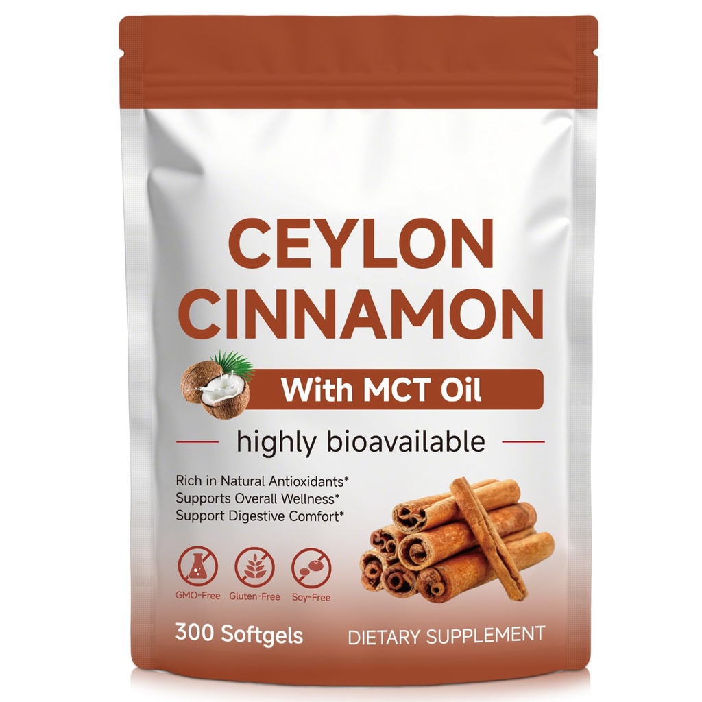 Ceylon Cinnamon Capsules with MCT Oil, 300 Softgels, True Ceylon Cinnamon Supplements for Daily Wellness Support, Non-GMO, Gluten Free, Easy to Swallow for Men and Women