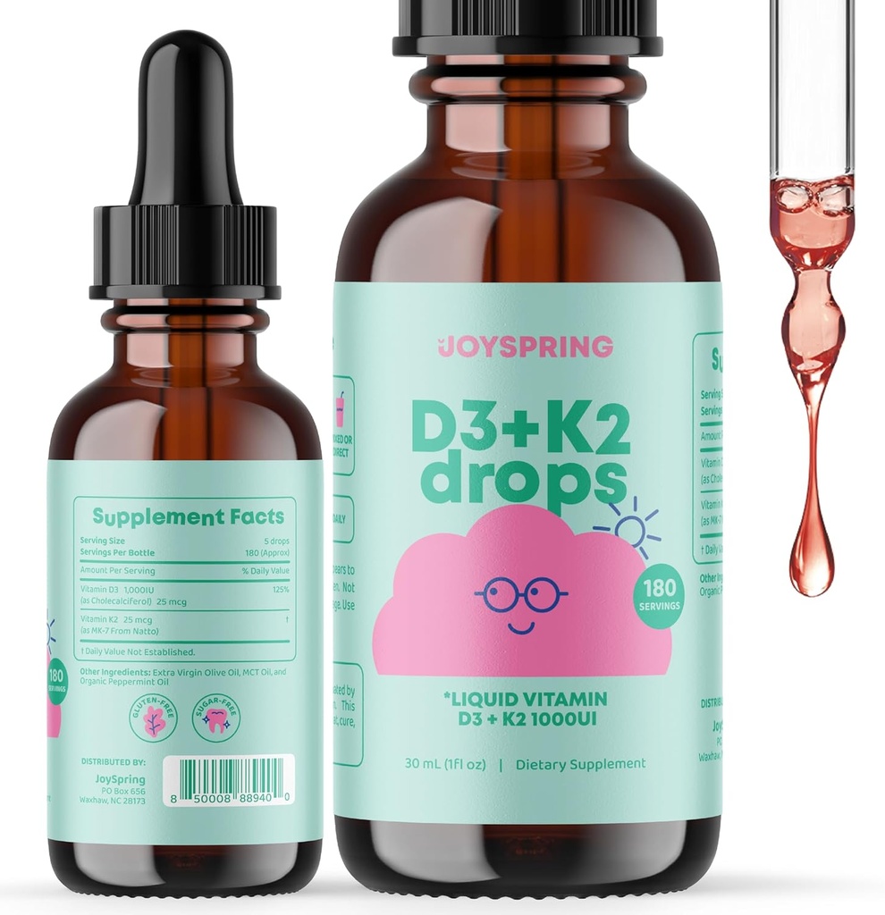 JoySpring Liquid Vitamin D3 con K2 Vitamina D per bambini - Supporto immunitario per bambini, Multivitaminico giornaliero con Burdock Root & Elderberry per bambini Booster immunitario e bambini naturali Focus Supplementi Gocce