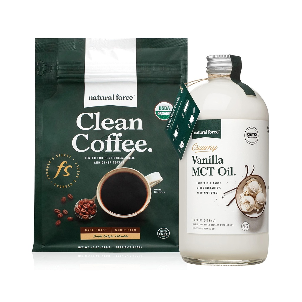 Natural Force Dark Roast Clean Coffee + Creamy Vanilla MCT Oil Bundle – Flavored MCT Creamer & Mold & Mycotoxin Free Coffee – Non-GMO, Keto, Paleo, and Vegan - 12 Oz Bag and 16 Oz Glass Bottle