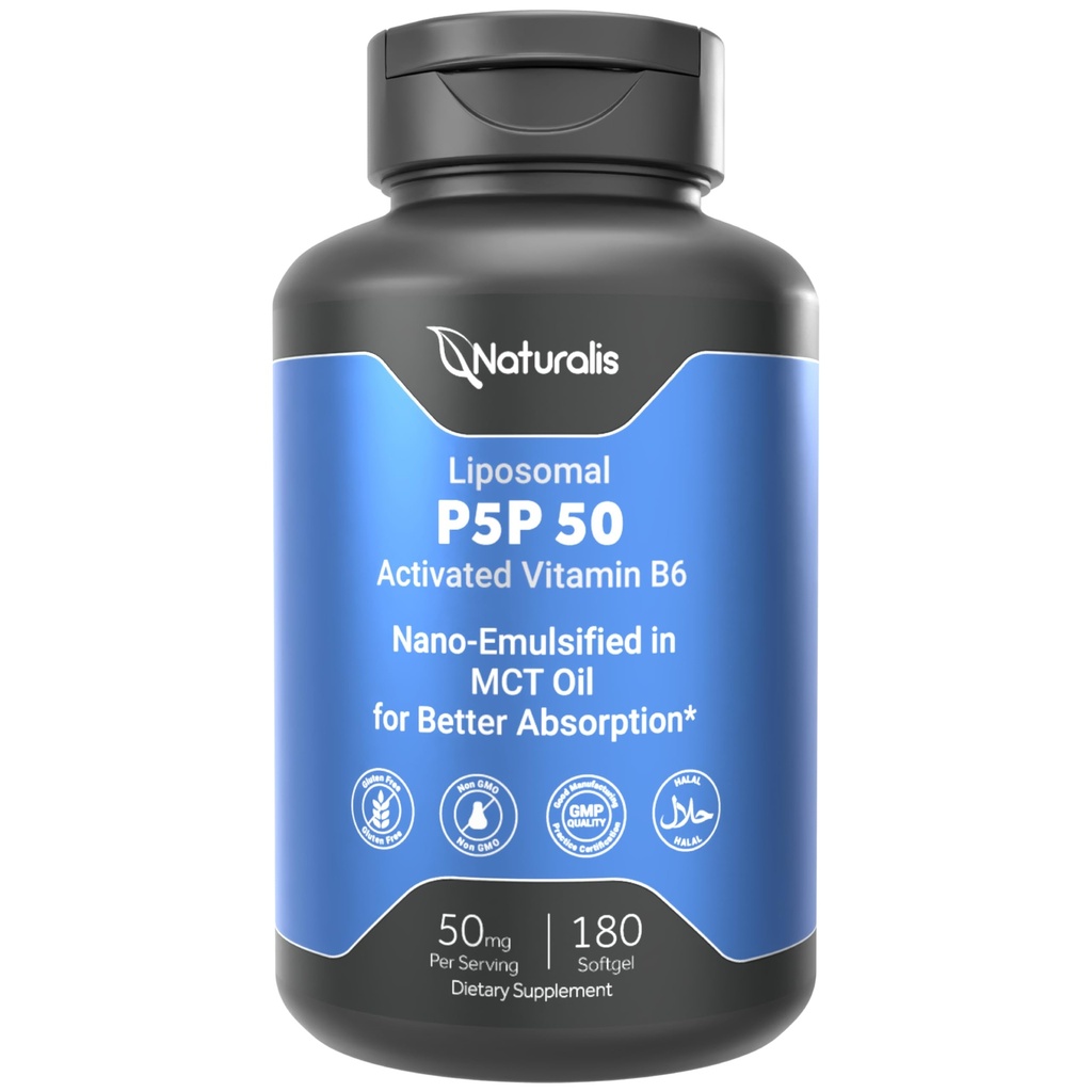 Naturalis Liposomal P-5-P 50mg Activated Vitamin B6 Nano-Emulsified in MCT Oil for Better Absorption | Non-GMO and Soy Free | Support Energy Metabolism and Neurological Function | 180 Softgels