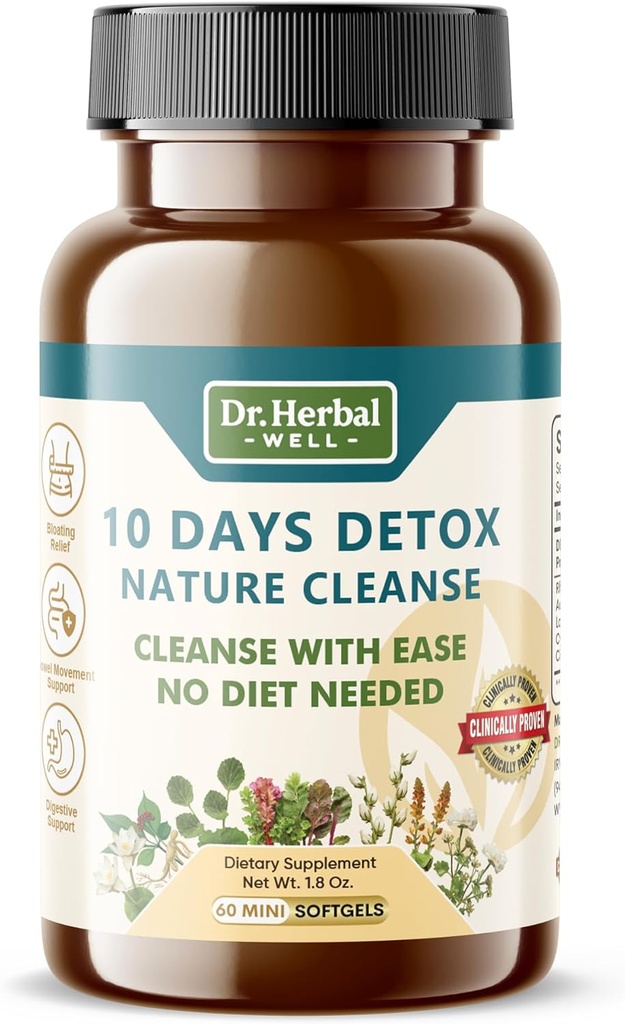 10 Days Detox Natural Cleanse with Ease No Diet Needed (60 Mini Softgels)