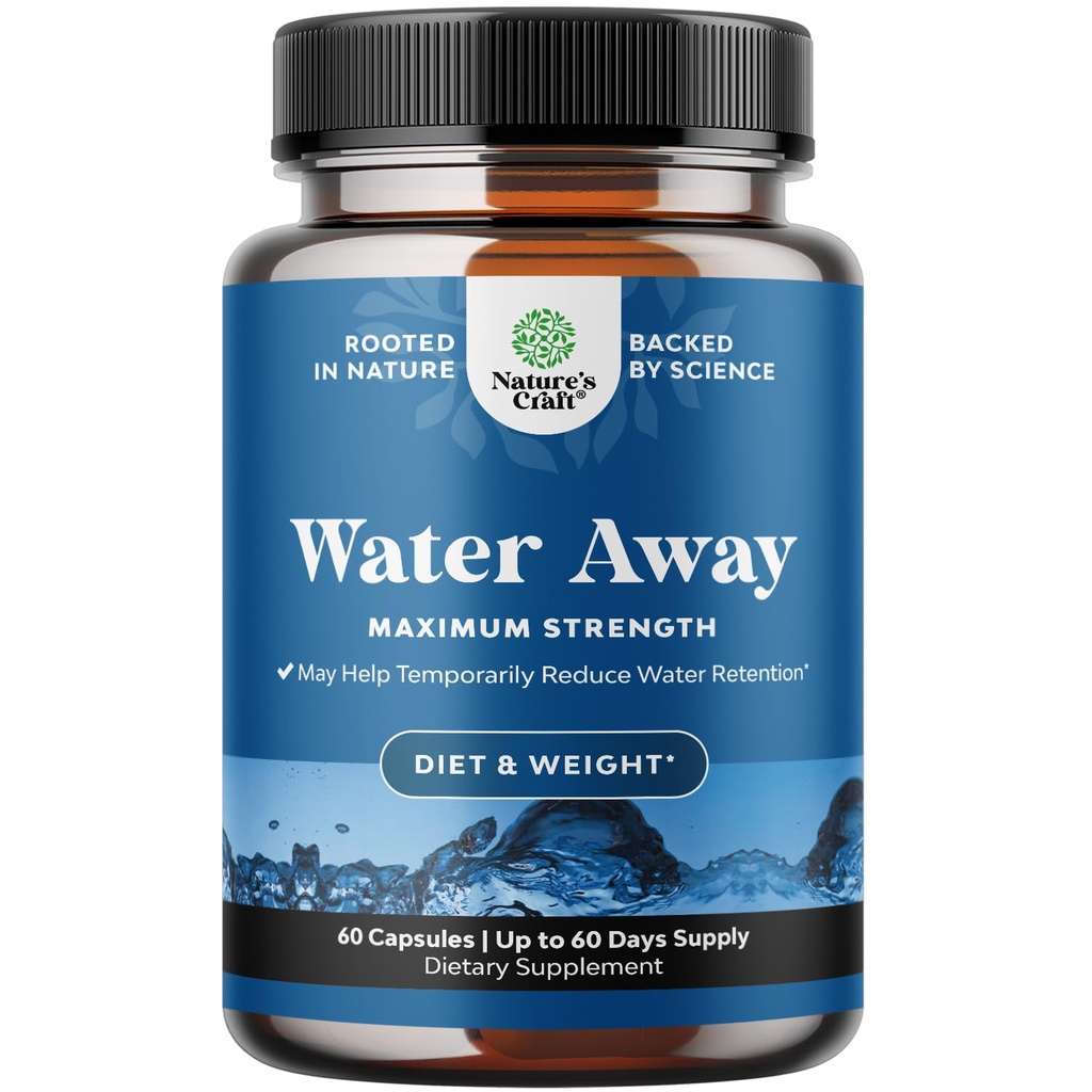 Water Away Herbal Diuretic Pills High Strength - Fluid Retention Supplement with Dandelion Leaf Extract & Green Tea for Bloating Relief for Women & Men - Capsules for Leg & Feet Swelling - 60 Count